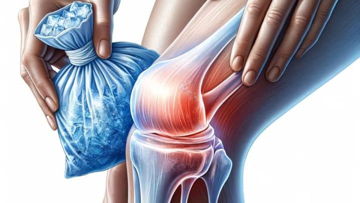 Aplikácia ľadu na postihnuté koleno môže pomôcť znižovať opuch a bolesť.